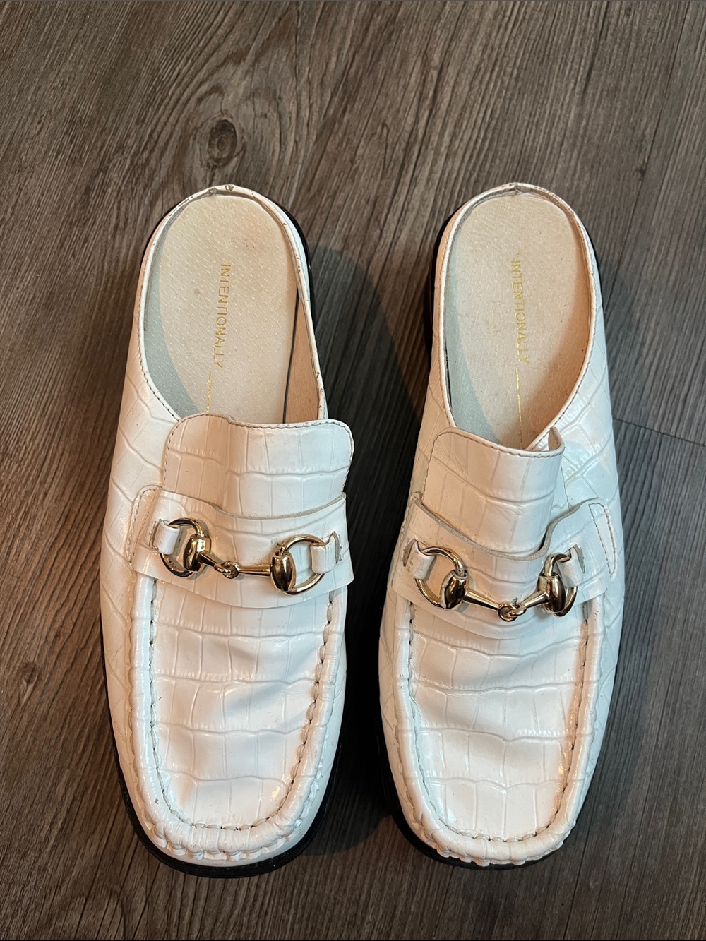 INTENTIONALLY BLANK White Croc-Embossed Slip-On Mules with Gold Bit